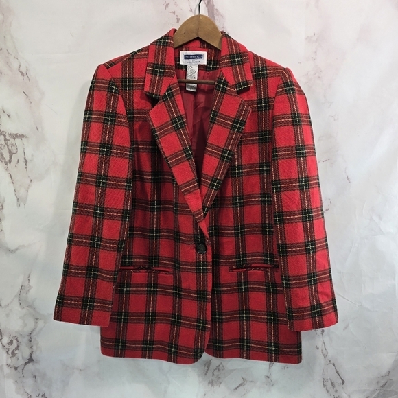 Vintage Blazer Womens Large Red Plaid 1 Button Wool Academia Scotch 90s Y2K 12 - Picture 1 of 11